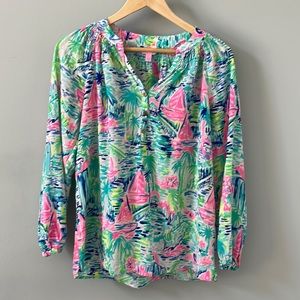 Lilly Pulitzer Blouse Featuring Sailboats, Palm Trees, Ocean/ Beach theme!